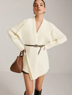 COMMENSE Asymmetrical Plain Belted Knit Outerwear* Sweater Tops|Outerwear