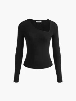 COMMENSE Asymmetrical Plain Long Sleeve T-Shirt* T-shirts|Tops