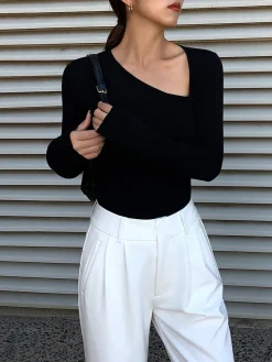 COMMENSE Asymmetrical Plain Long Sleeve T-Shirt* T-shirts|Tops