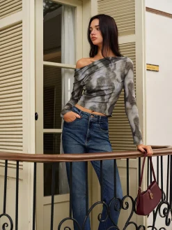 COMMENSE Asymmetrical Printed Crop Mesh Top* Crop Tops|Blouses & Shirts