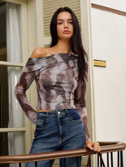 COMMENSE Asymmetrical Printed Crop Mesh Top* Crop Tops|Blouses & Shirts