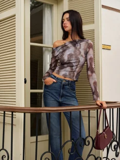 COMMENSE Asymmetrical Printed Crop Mesh Top* Crop Tops|Blouses & Shirts