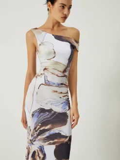 COMMENSE Asymmetrical Printed Off-Shoulder Slim Long Dress* Casual Dresses|Work Dresses