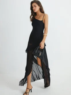 COMMENSE Asymmetrical Ruffle Net Long Dress* Black Dresses|Cocktail & Party Dresses