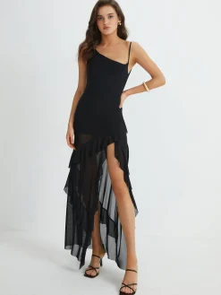 COMMENSE Asymmetrical Ruffle Net Long Dress* Black Dresses|Cocktail & Party Dresses