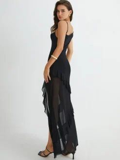 COMMENSE Asymmetrical Ruffle Net Long Dress* Black Dresses|Cocktail & Party Dresses