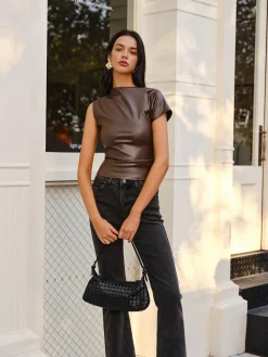COMMENSE Asymmetrical Skinny Faux Leather Tank Top* Tank Tops & Camis|Tops