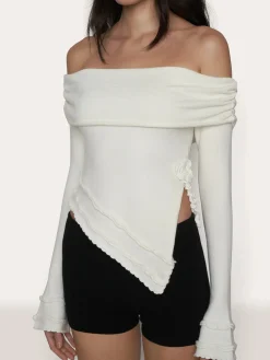 COMMENSE Asymmetrical Split Off Shoulder Floral Cable Knit Top* Sweater Tops|Sweaters & Cardigans