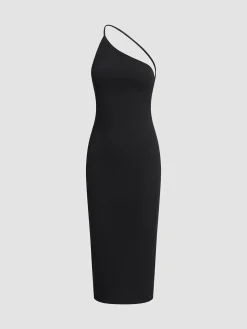 COMMENSE Asymmetrical Strap Open Back Midi Dress* Black Dresses|Sweater Dresses