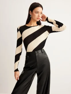 COMMENSE Asymmetrical Striped Slim Knit Top* Sweater Tops|Sweaters & Cardigans