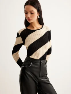 COMMENSE Asymmetrical Striped Slim Knit Top* Sweater Tops|Sweaters & Cardigans