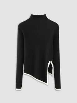 COMMENSE Asymmetrical Trim Mock Neck Sweater* Sweater Tops|Sweaters & Cardigans