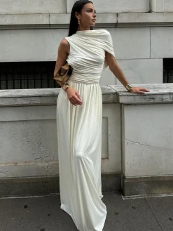 COMMENSE Asymmetry Pleat Sleeveless Long Dress* White Dresses|Cocktail & Party Dresses