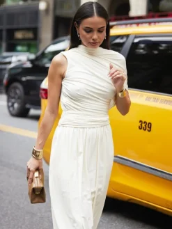 COMMENSE Asymmetry Pleat Sleeveless Long Dress* White Dresses|Cocktail & Party Dresses