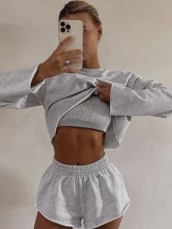COMMENSE Athleisure Long Sleeve Three Piece Shorts Set* Shorts Sets|Long Sleeve Sets