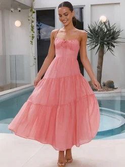 COMMENSE Back Smocking Design Tiered Cami Long Dress* Casual Dresses|Vacation Dresses