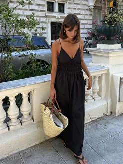 COMMENSE Backless Drawstring Cami Long Dress* Black Dresses|Casual Dresses