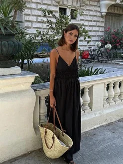 COMMENSE Backless Drawstring Cami Long Dress* Black Dresses|Casual Dresses