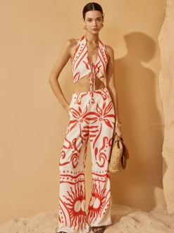 COMMENSE Backless Drawstring Print Pants Set* Pants Sets|Matching Sets