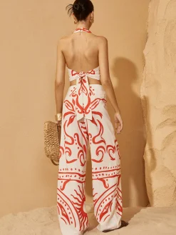 COMMENSE Backless Drawstring Print Pants Set* Pants Sets|Matching Sets