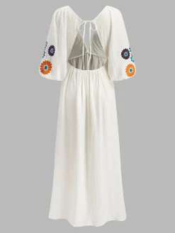 COMMENSE Backless Embroidery V-Neck Floral Dress* White Dresses|Casual Dresses