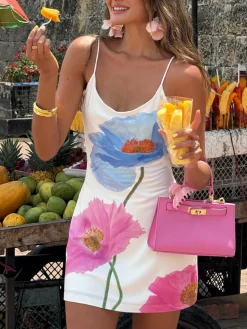 COMMENSE Backless Floral Short Dress* White Dresses|Casual Dresses