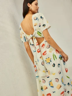 COMMENSE Backless Knotted Floral V-Neck Dress* White Dresses|Casual Dresses