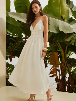 COMMENSE Backless Pleated Deep V-Neck Dress* White Dresses|Casual Dresses