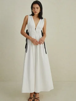 COMMENSE Backless V-neck Drawstring Long Dress* White Dresses|Cocktail & Party Dresses
