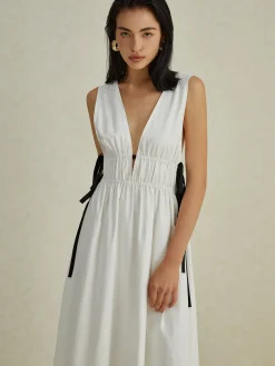 COMMENSE Backless V-neck Drawstring Long Dress* White Dresses|Cocktail & Party Dresses