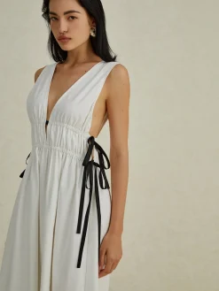 COMMENSE Backless V-neck Drawstring Long Dress* White Dresses|Cocktail & Party Dresses