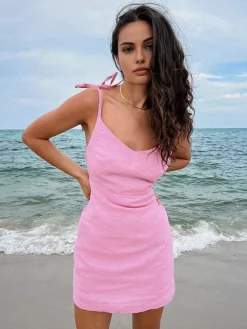 COMMENSE Barbie Beloved Cotton Backless Knotted Short Dress* Casual Dresses|Work Dresses