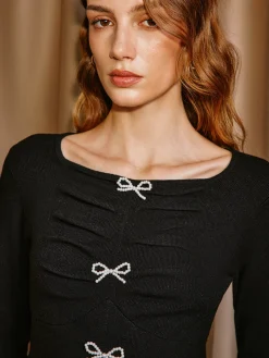 COMMENSE Beaded Bow Pleated Slit Knit Top* Knitwear|Tops