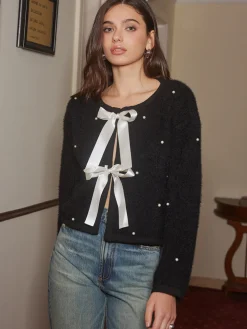 COMMENSE Beaded Decor Bow Knit Top* Sweater Tops|Sweaters & Cardigans