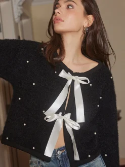 COMMENSE Beaded Decor Bow Knit Top* Sweater Tops|Sweaters & Cardigans