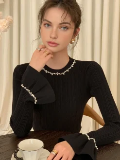 COMMENSE Beaded-Decor Ruffle Knit Top* Sweater Tops|Sweaters & Cardigans