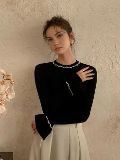 COMMENSE Beaded-Decor Ruffle Knit Top* Sweater Tops|Sweaters & Cardigans