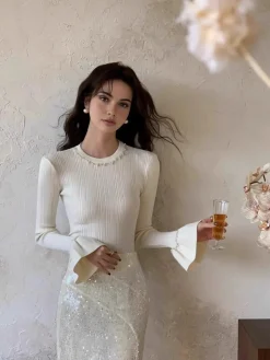 COMMENSE Beaded-Decor Ruffle Knit Top* Sweater Tops|Sweaters & Cardigans
