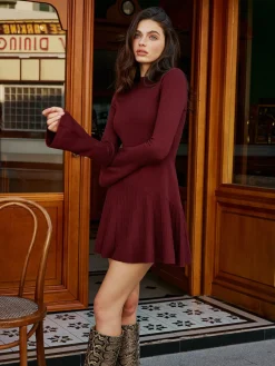 COMMENSE Bell Sleeve Pleated Sweater Short Dress* Sweater Dresses|Work Dresses