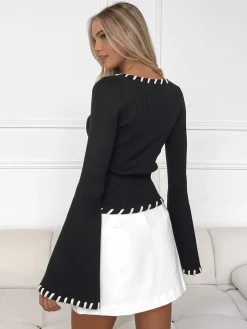COMMENSE Bell-Sleeve Contrast Trim Knit Top* Sweater Tops|Sweaters & Cardigans