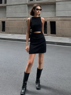 COMMENSE Beloved Cutout Waist Short Dress* Black Dresses|Casual Dresses