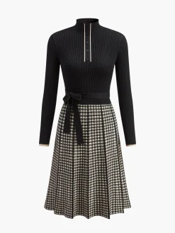 COMMENSE Belted Plaid Panel Sweater Dress* Black Dresses|Sweater Dresses