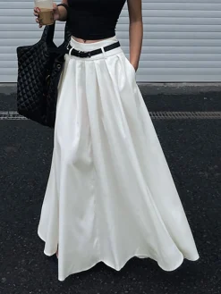 COMMENSE Belted Pleated Long Skirt* Skirts|Bottoms