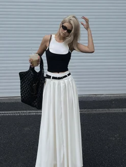 COMMENSE Belted Pleated Long Skirt* Skirts|Bottoms