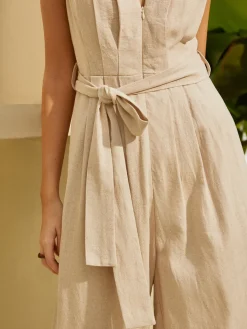 COMMENSE Belted Ruched V-Neck Jumpsuit* White Dresses|Jumpsuits & Rompers
