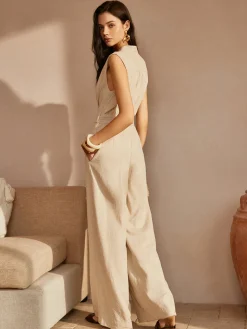 COMMENSE Belted Ruched V-Neck Jumpsuit* White Dresses|Jumpsuits & Rompers
