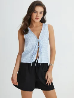 COMMENSE Blue Gingham Tie Front Top* Tank Tops & Camis|Tops