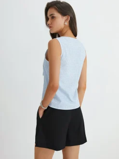 COMMENSE Blue Gingham Tie Front Top* Tank Tops & Camis|Tops