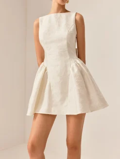 COMMENSE Boat Neck Backless Panel Dress* White Dresses|Casual Dresses