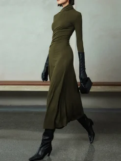 COMMENSE Bodycon Asymmetrical Neck Long Sleeve Ruched Maxi Dress* Black Dresses|Casual Dresses
